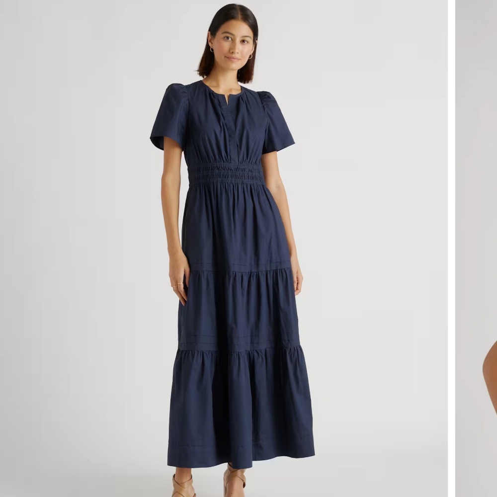 Quince Navy Smocked-Waist Tiered Maxi Dress